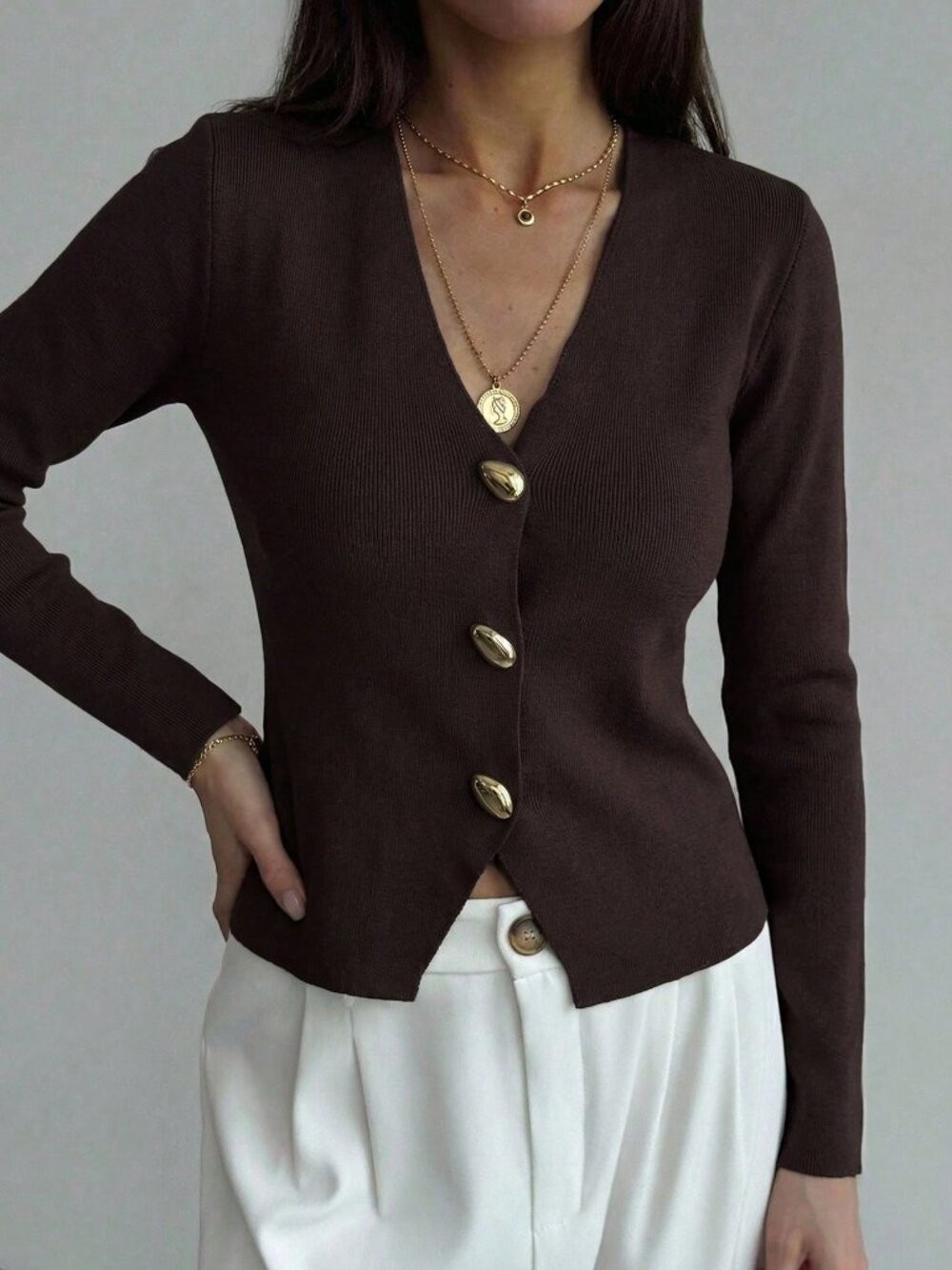 Coffee Brown Casual Women's V-Neck Long Sleeve Metal-Decor Cropped Sweater